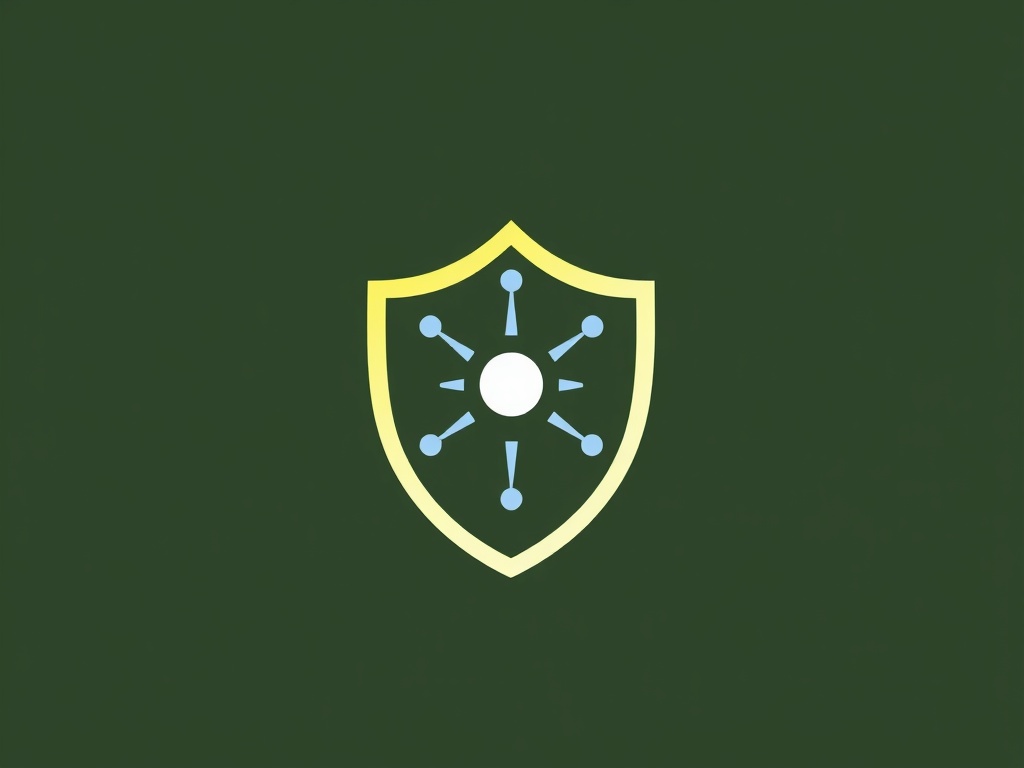 Stylized abstract logo: a shield combined with a network node, minimal, flat design, primary colors, 8k.